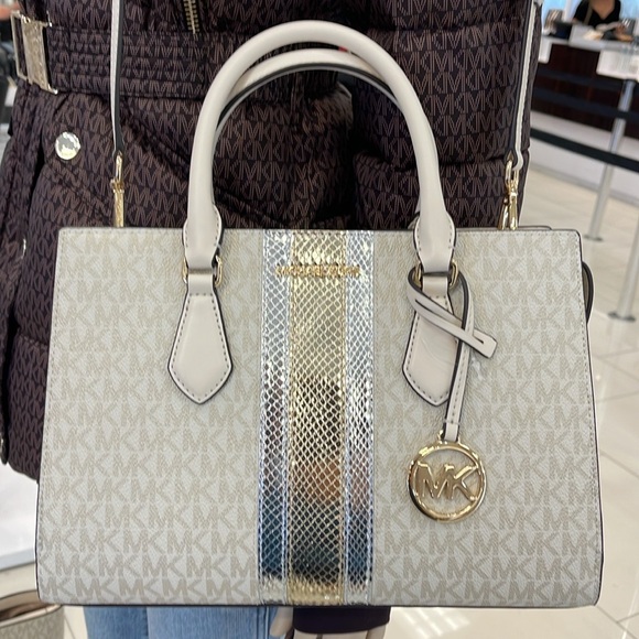 Michael Kors Sheila Medium Signature Logo and Metallic Satchel Crossbody Center - Picture 13 of 16